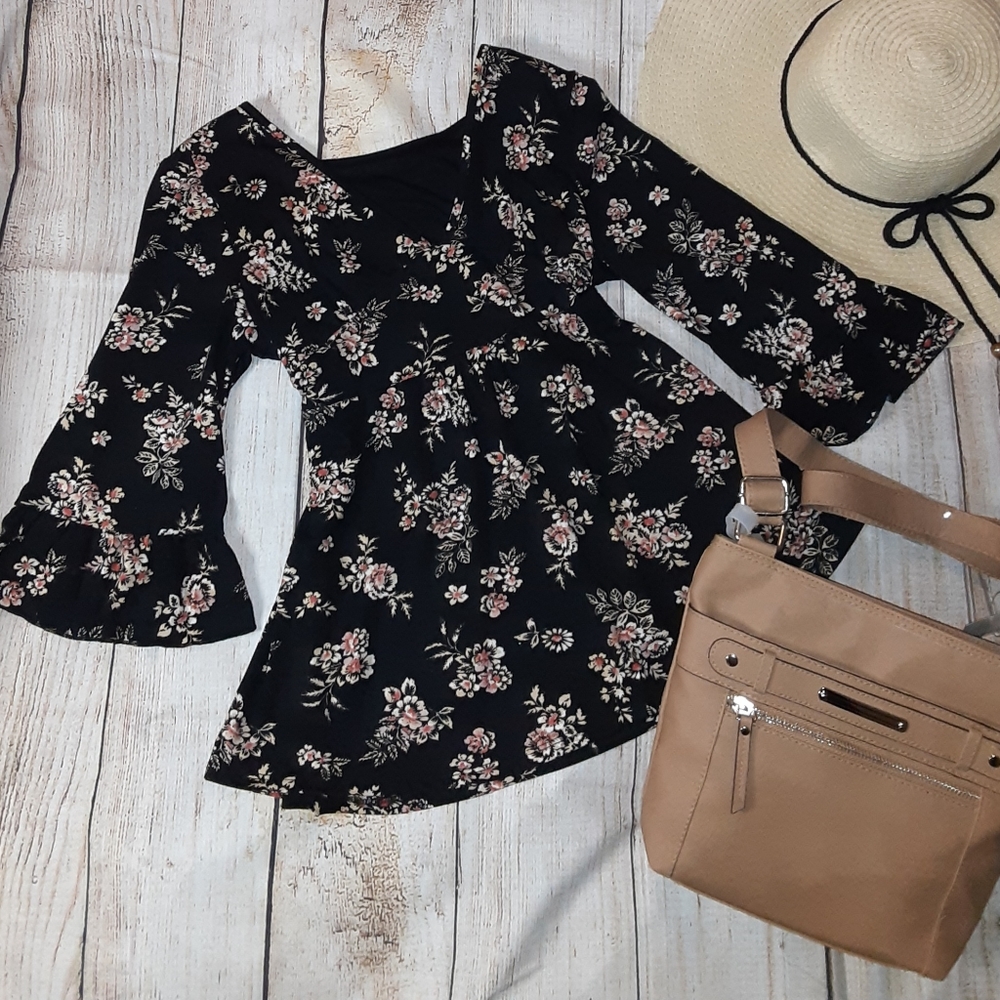 Black Floral Boho Top with Bell Sleeves